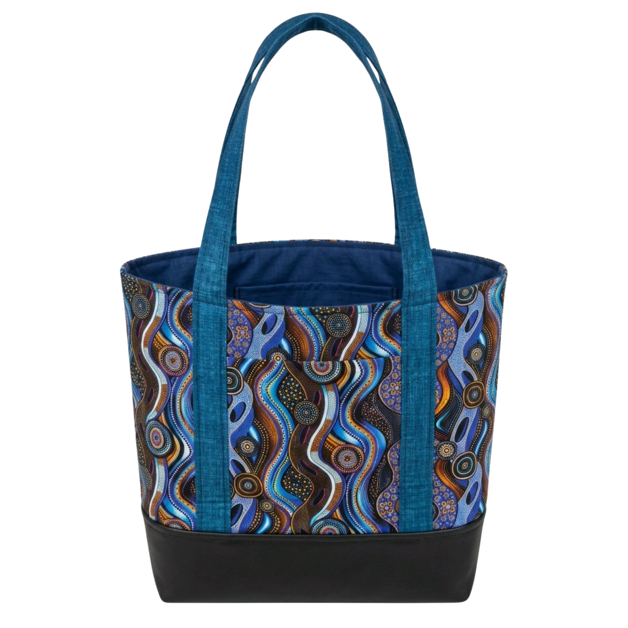 Handmade cotton tote bag with abstract wave pattern in blue and brown tones, teal handles, and structured black base