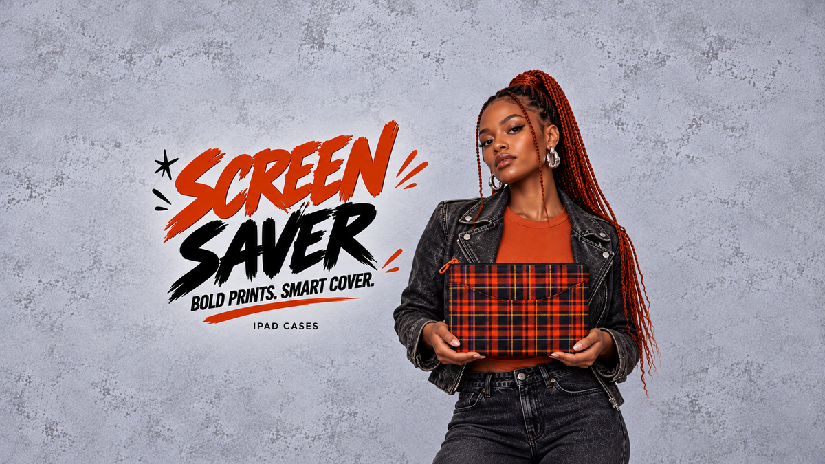 Screen Saver — model with orange tartan iPad sleeve