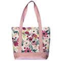 Handmade cotton tote bag featuring pink garden florals with blush pink handles and matching blush pink base