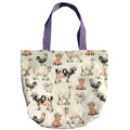 Oversized handmade canvas tote bag featuring watercolor farm animals and lavender shoulder straps