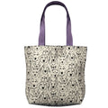 Oversized handmade canvas tote bag with black dog sketch illustrations and lavender shoulder straps