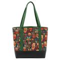 Handmade cotton tote bag with earth-toned owl pattern, forest green handles, and structured black base