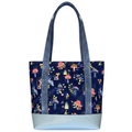 Handmade cotton tote bag featuring whimsical mushrooms on a navy background with chambray handles and powder blue faux leather base