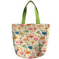 Oversized handmade canvas tote bag with colorful flamingo print and lime green shoulder straps