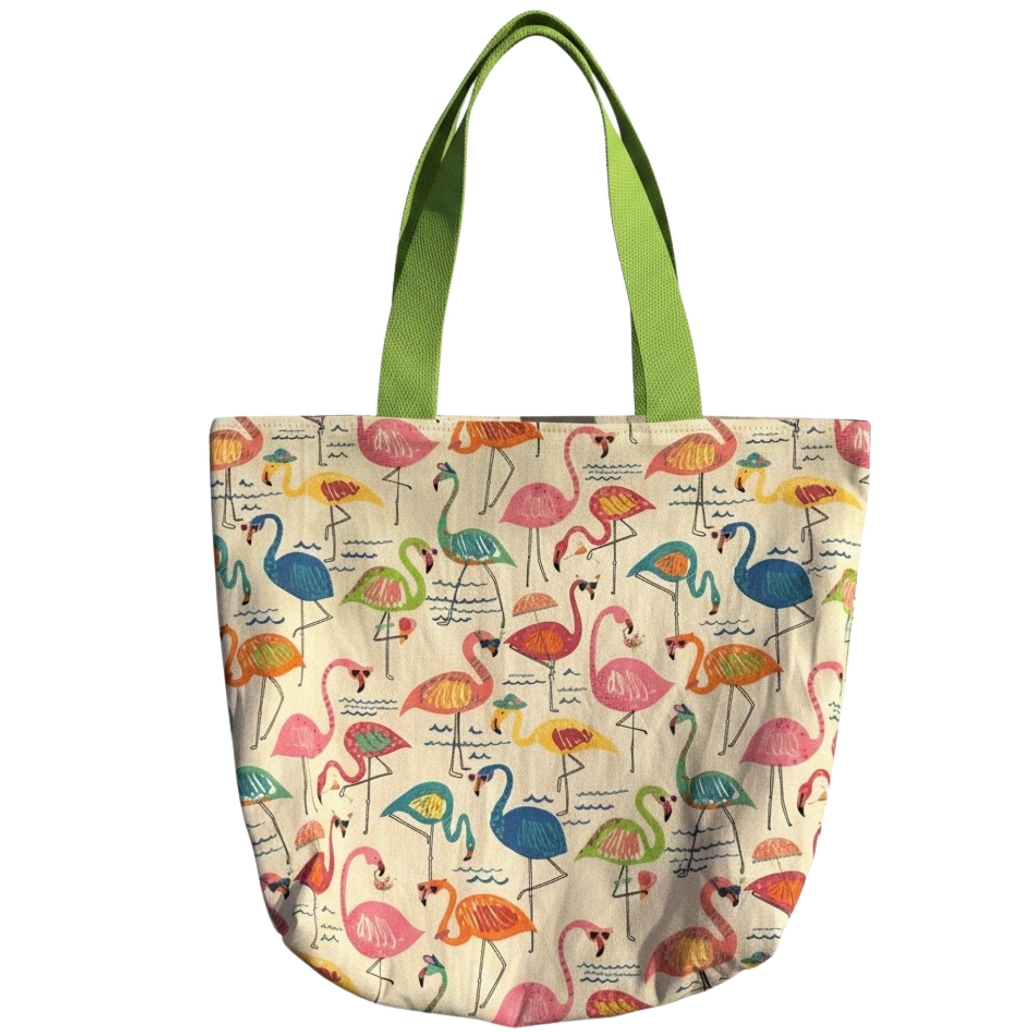 Oversized handmade canvas tote bag with colorful flamingo print and lime green shoulder straps