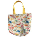 Oversized handmade flamingo canvas tote bag with colorful tropical print and yellow shoulder straps