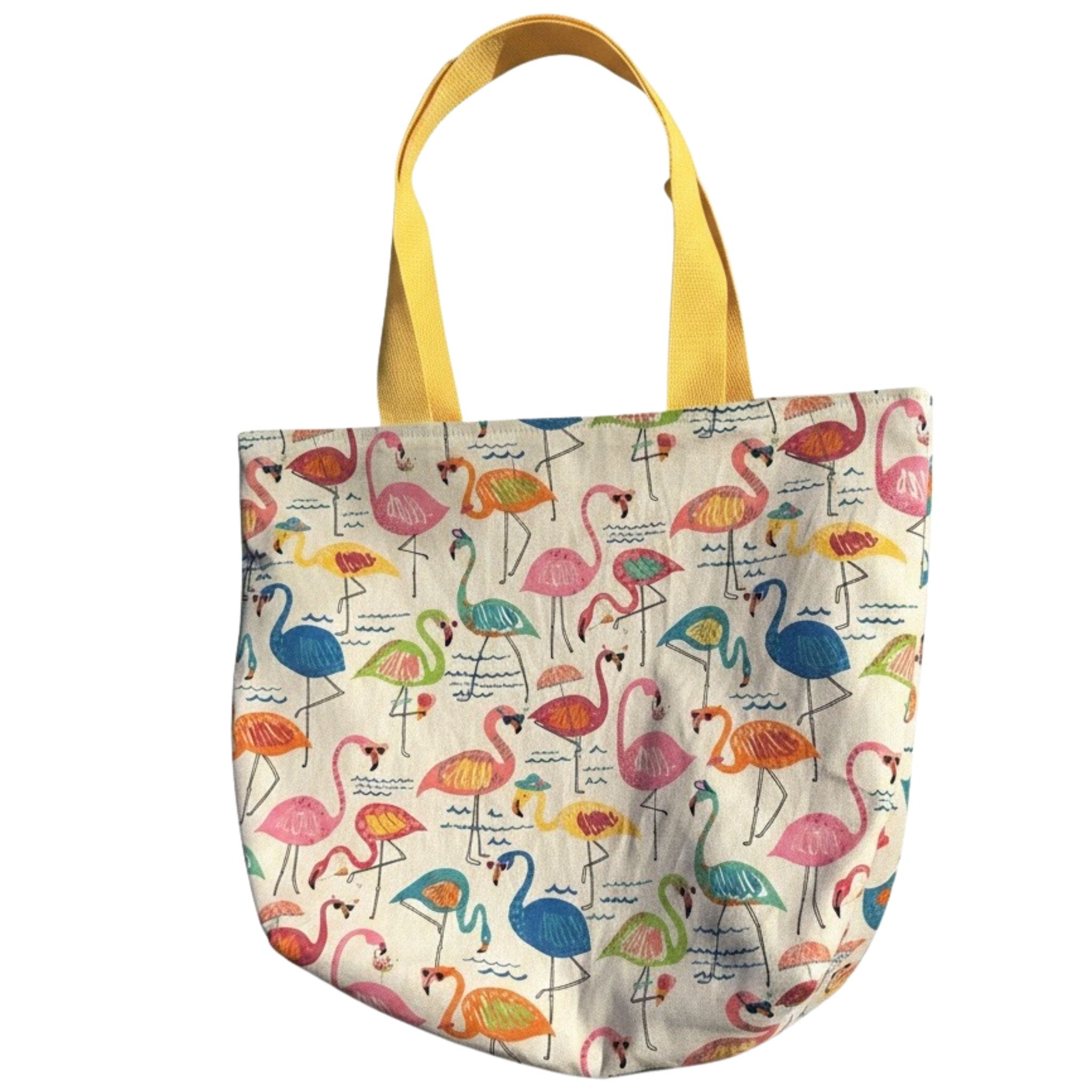 Oversized handmade flamingo canvas tote bag with colorful tropical print and yellow shoulder straps