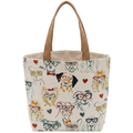 Large handmade canvas tote bag featuring illustrated dogs and natural tan shoulder straps