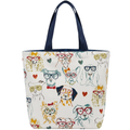 Large handmade canvas tote bag featuring illustrated dogs with glasses and navy shoulder straps