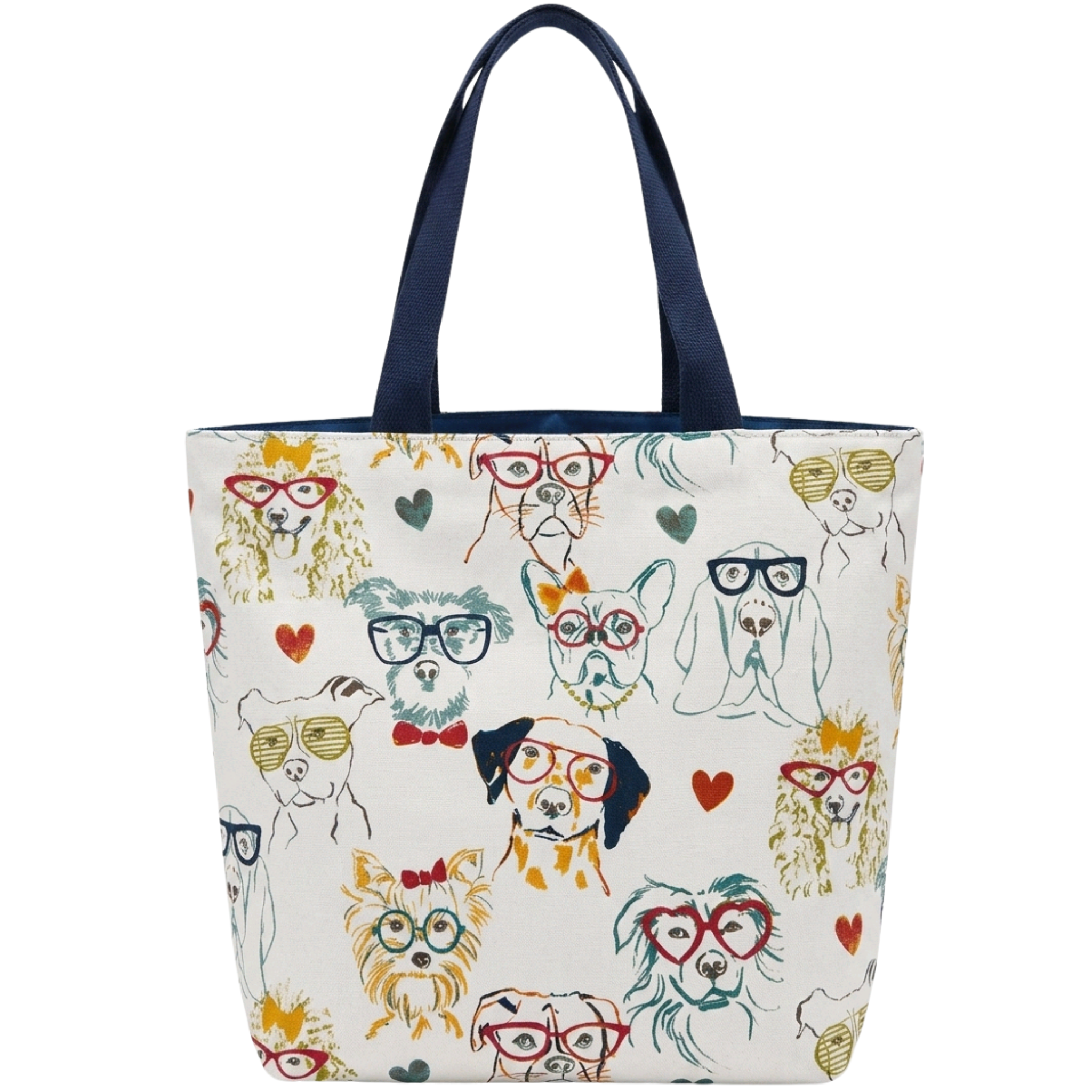 Large handmade canvas tote bag featuring illustrated dogs with glasses and navy shoulder straps