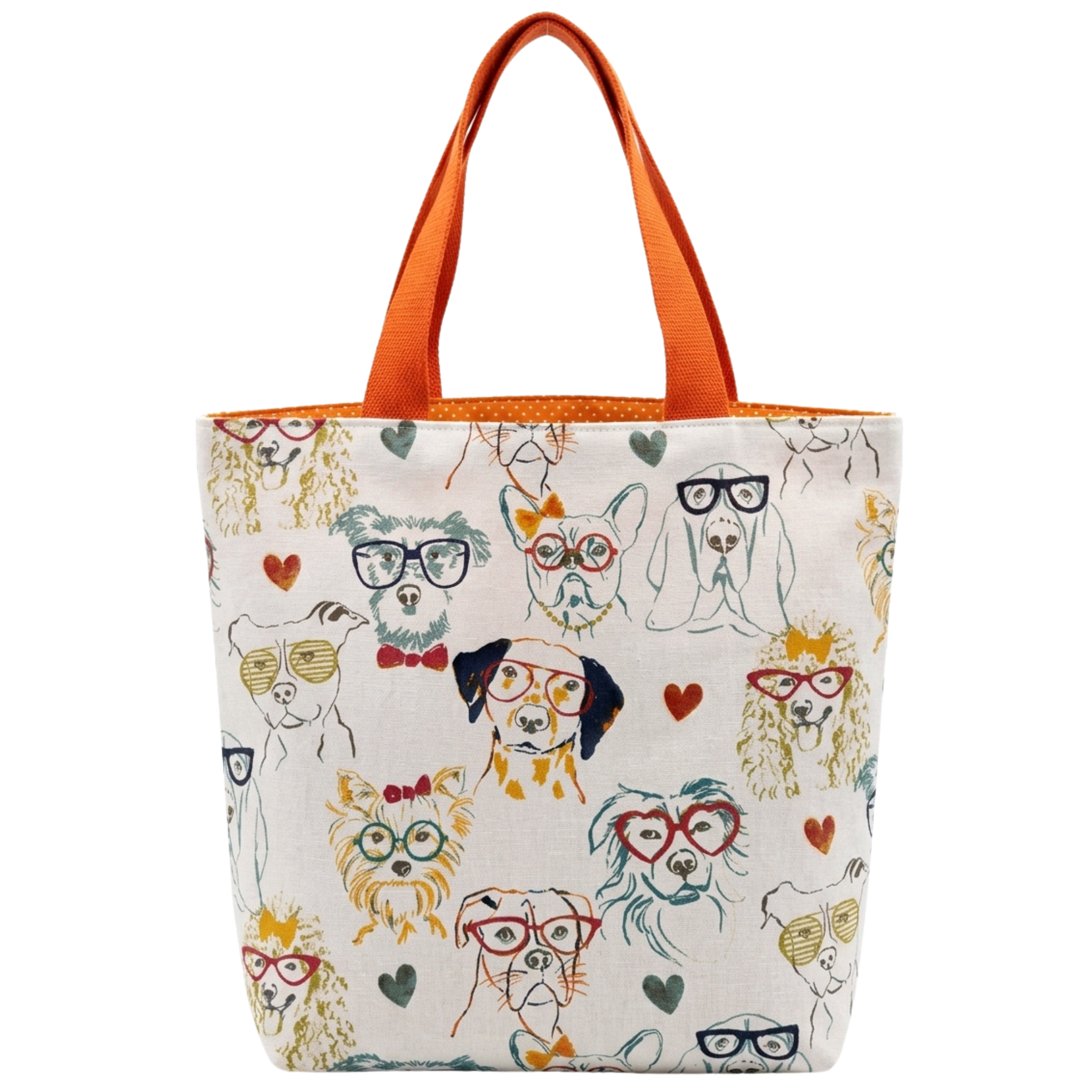 Large handmade canvas tote bag featuring illustrated dogs and orange shoulder straps