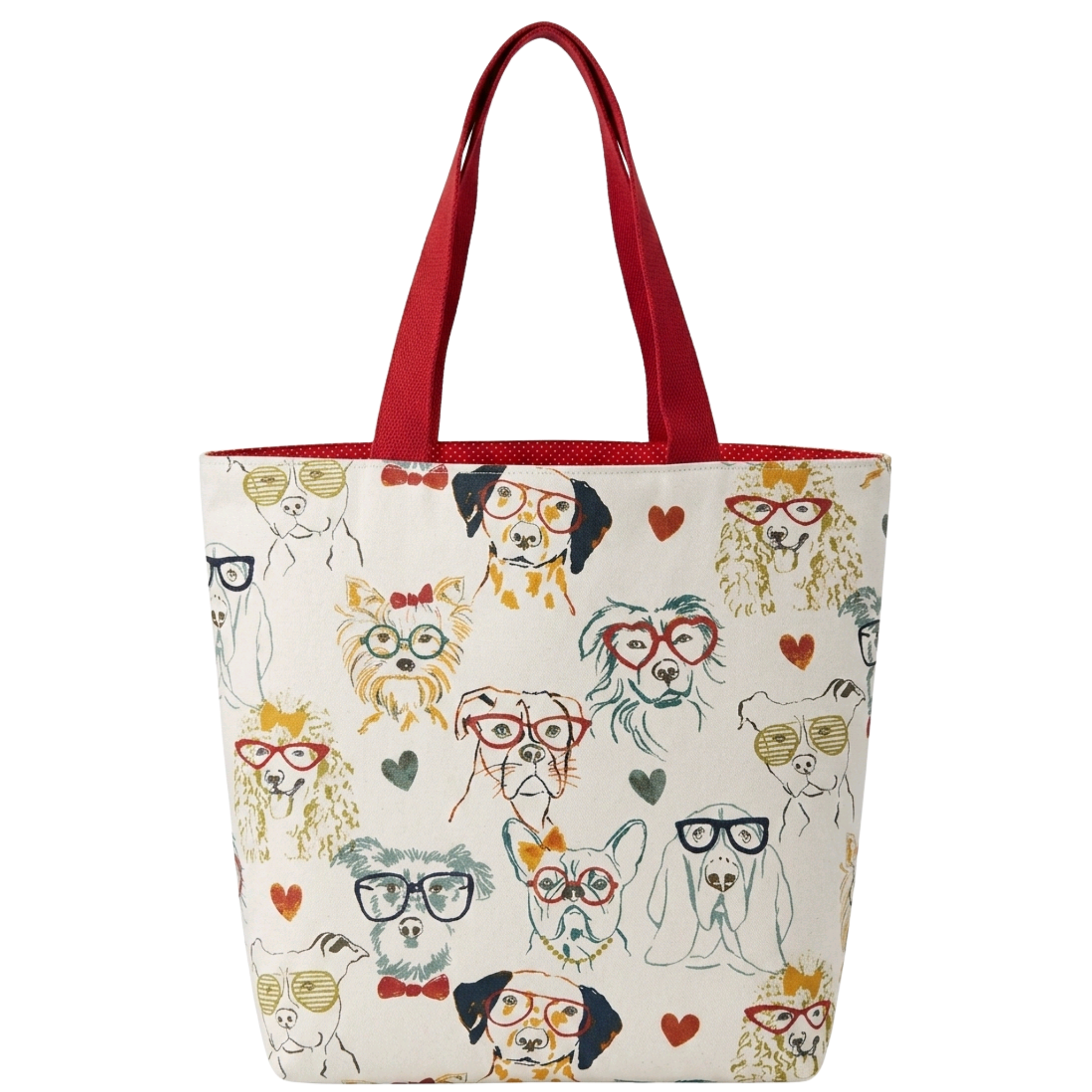 Large handmade canvas tote bag featuring illustrated dogs and red shoulder straps