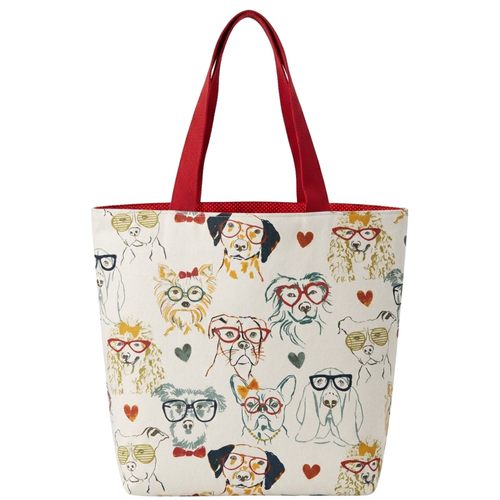 Large handmade canvas tote bag featuring illustrated dogs and red shoulder straps