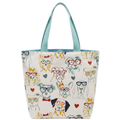 Large handmade canvas tote bag with illustrated dogs and seafoam shoulder straps