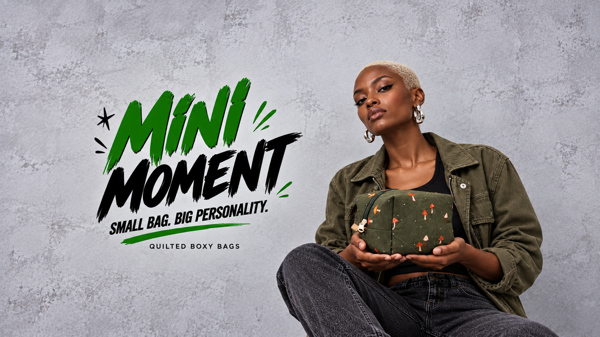Mini Moment quilted boxy bags — green lettering with wider margins and model holding olive mushroom bag