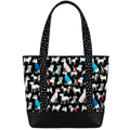 Handmade black dog print cotton tote bag with paw print handles and black base