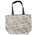 Handmade canvas tote bag featuring modern black line art dog illustrations with black canvas handles.
