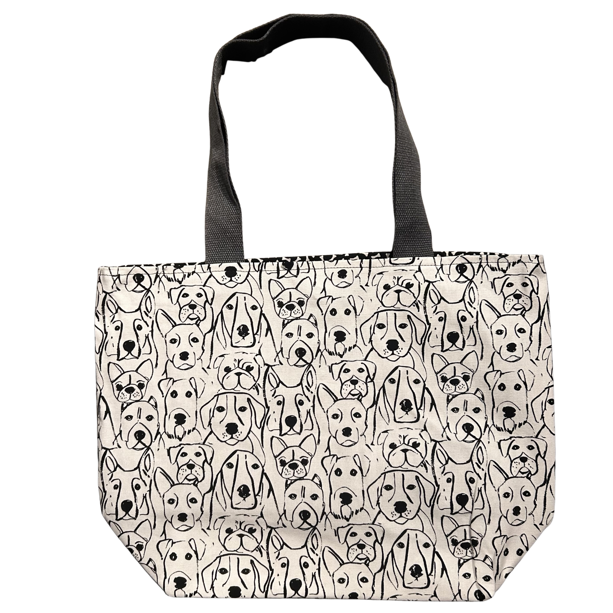Handmade canvas tote bag featuring modern black line art dog illustrations with black canvas handles.