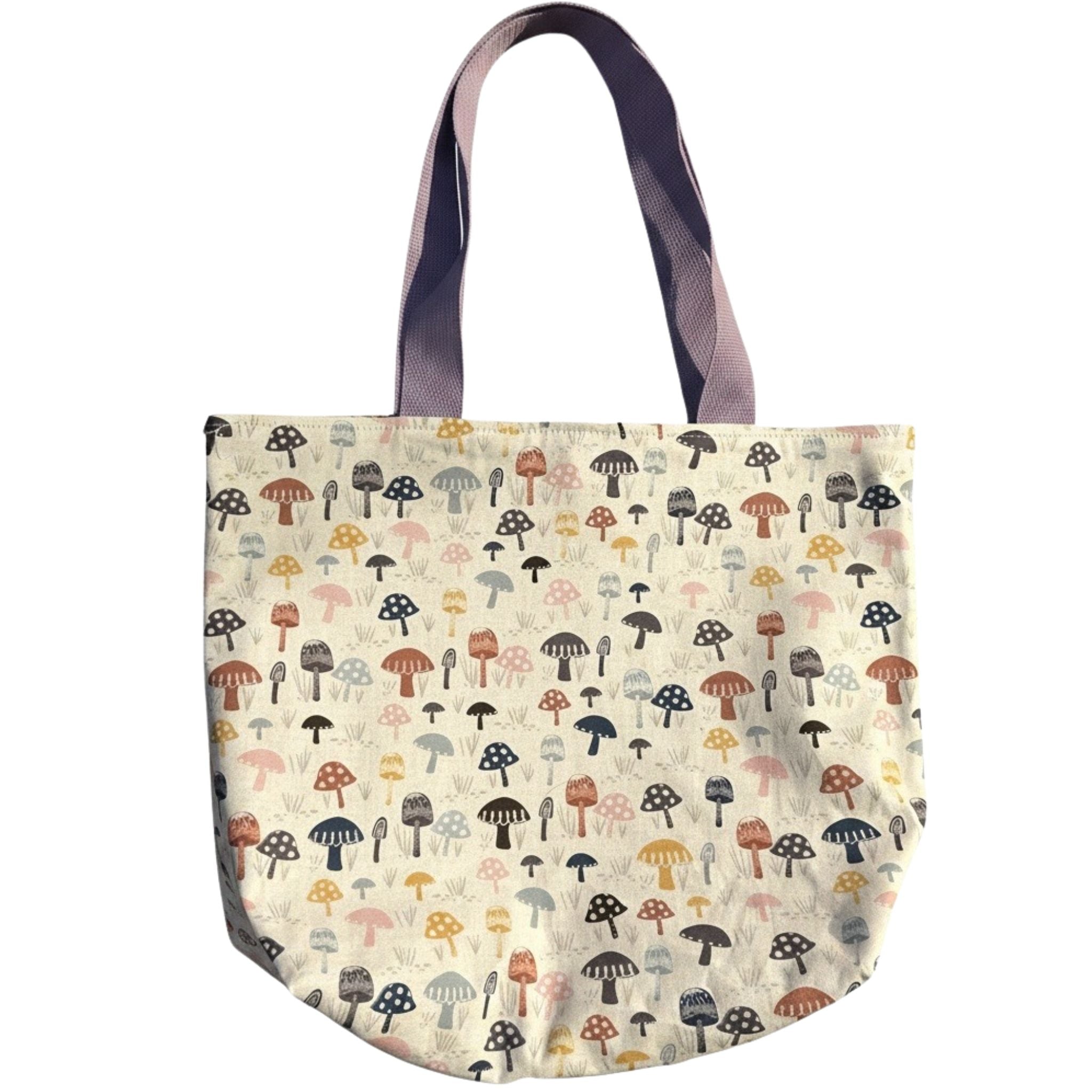 Oversized handmade mushroom print canvas tote bag with pastel mushrooms and mauve shoulder straps