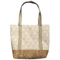 Handmade neutral rainbow arch cotton tote bag with natural handles and cork-style base