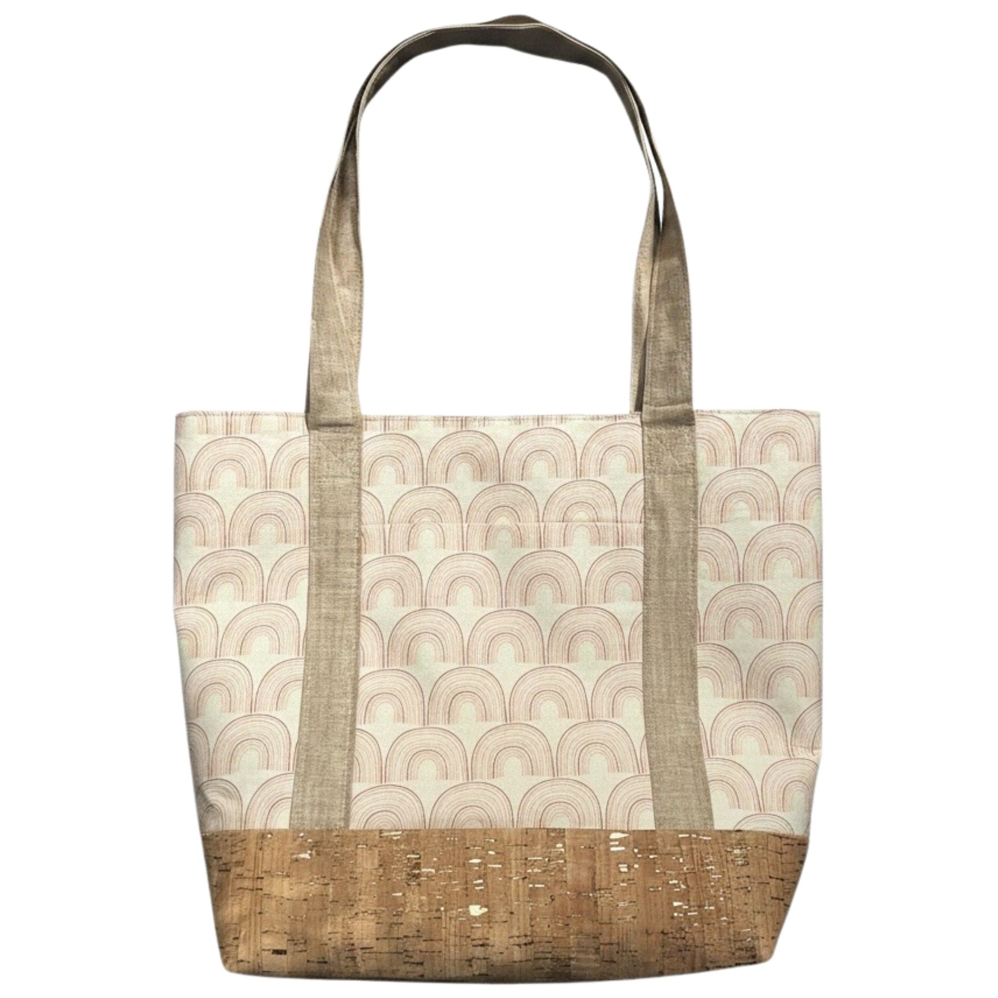 Handmade neutral rainbow arch cotton tote bag with natural handles and cork-style base