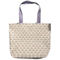 Oversized handmade rainbow canvas tote bag with lavender shoulder straps