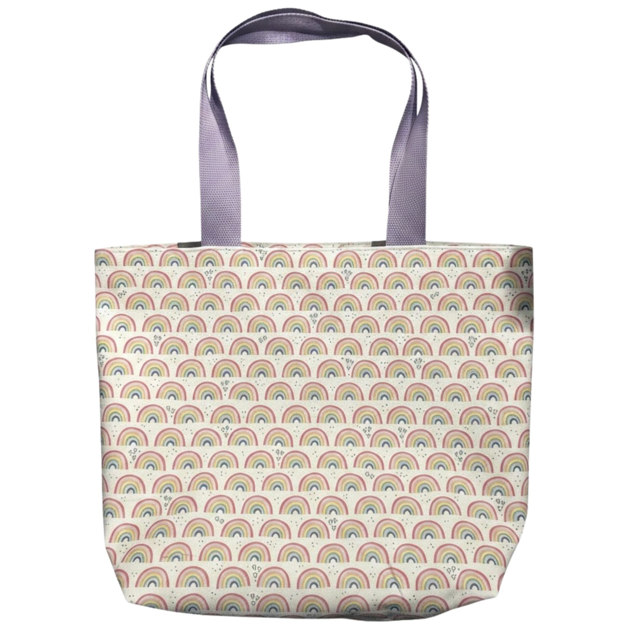Oversized handmade rainbow canvas tote bag with lavender shoulder straps