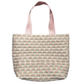 Oversized handmade quilted rainbow canvas tote bag with blush pink shoulder straps