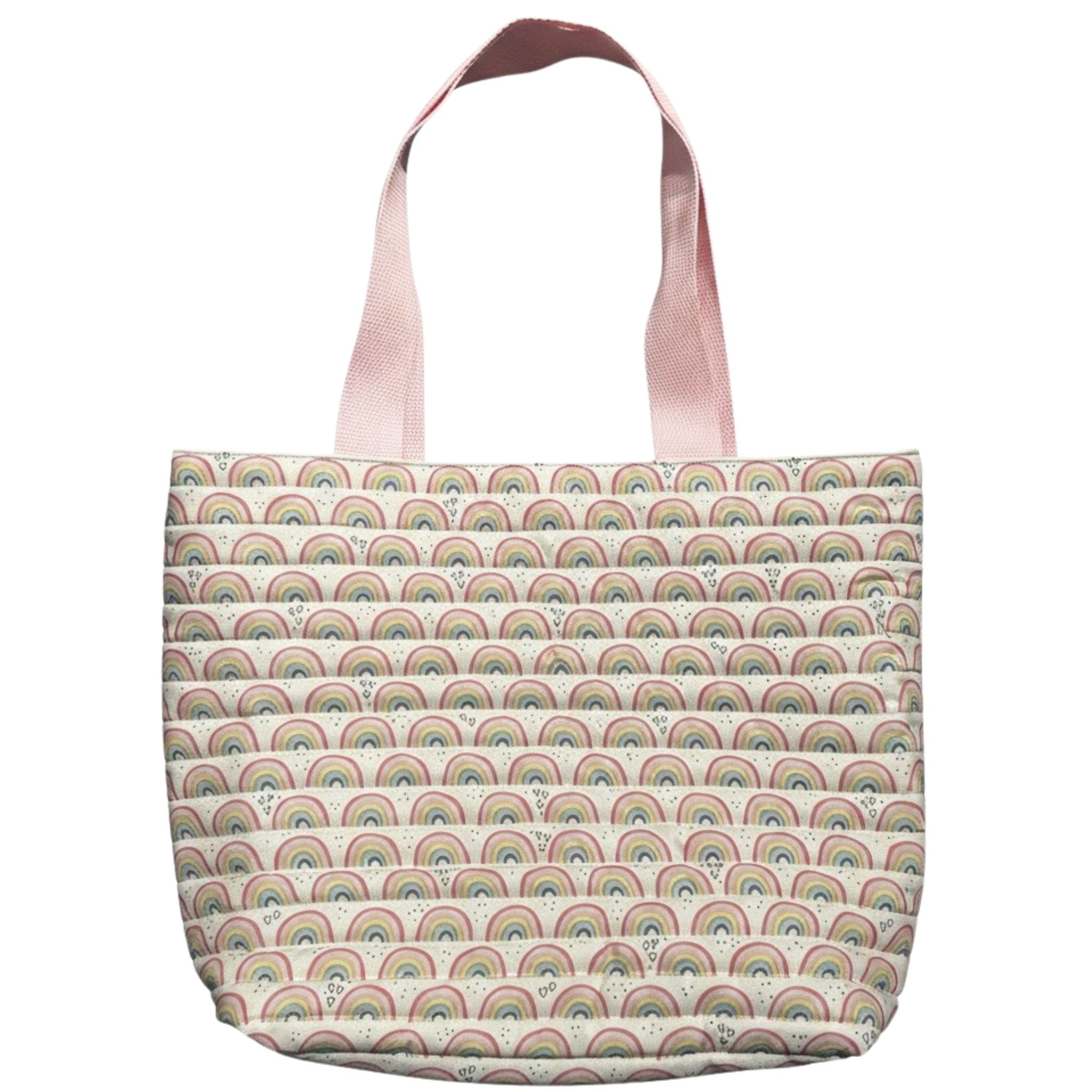 Oversized handmade quilted rainbow canvas tote bag with blush pink shoulder straps