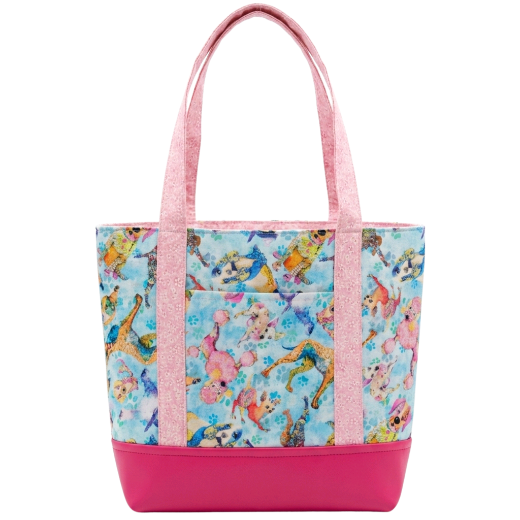 Handmade watercolor dog cotton tote bag with pink handles and hot pink base