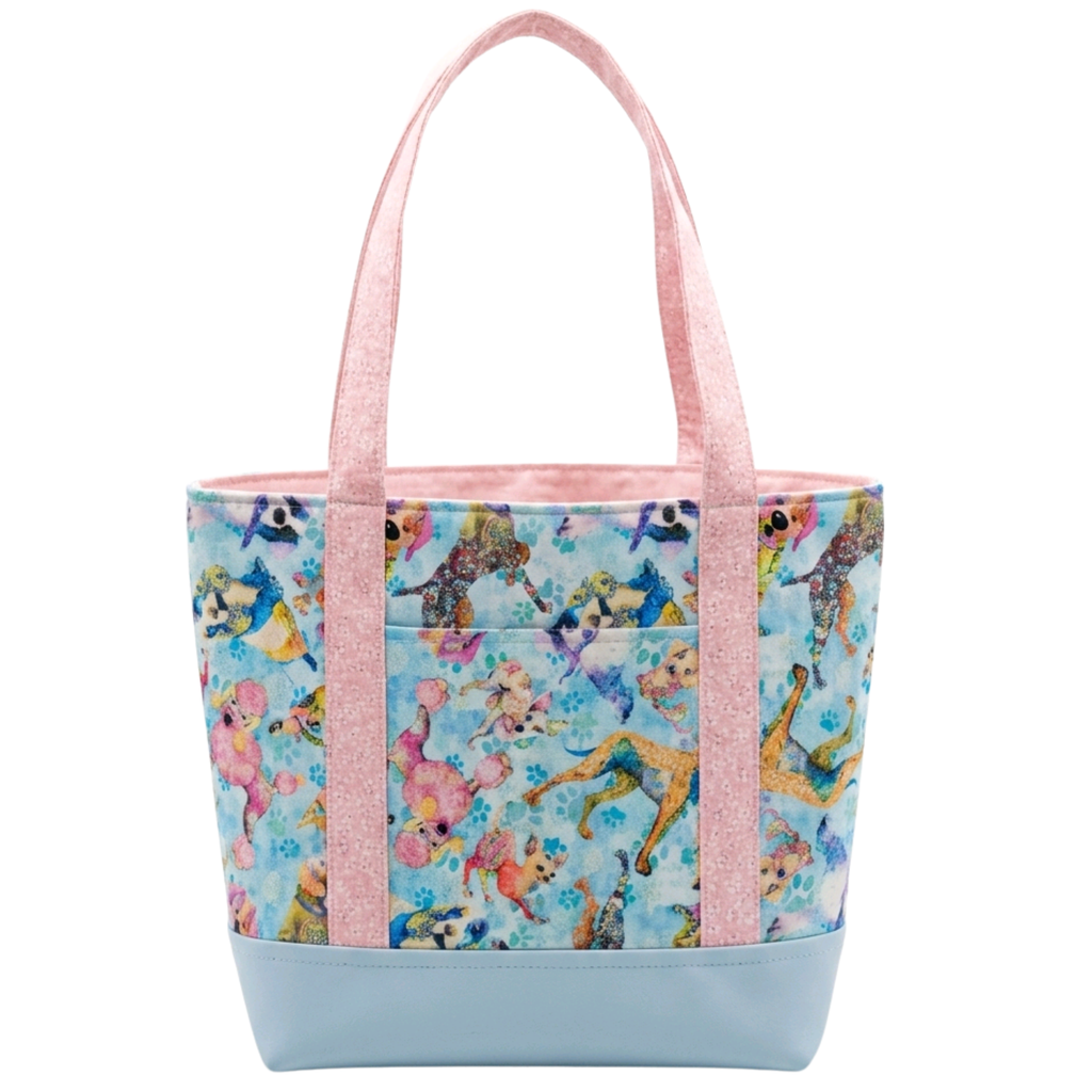 Handmade pastel watercolor dog cotton tote bag with pink handles and powder blue base