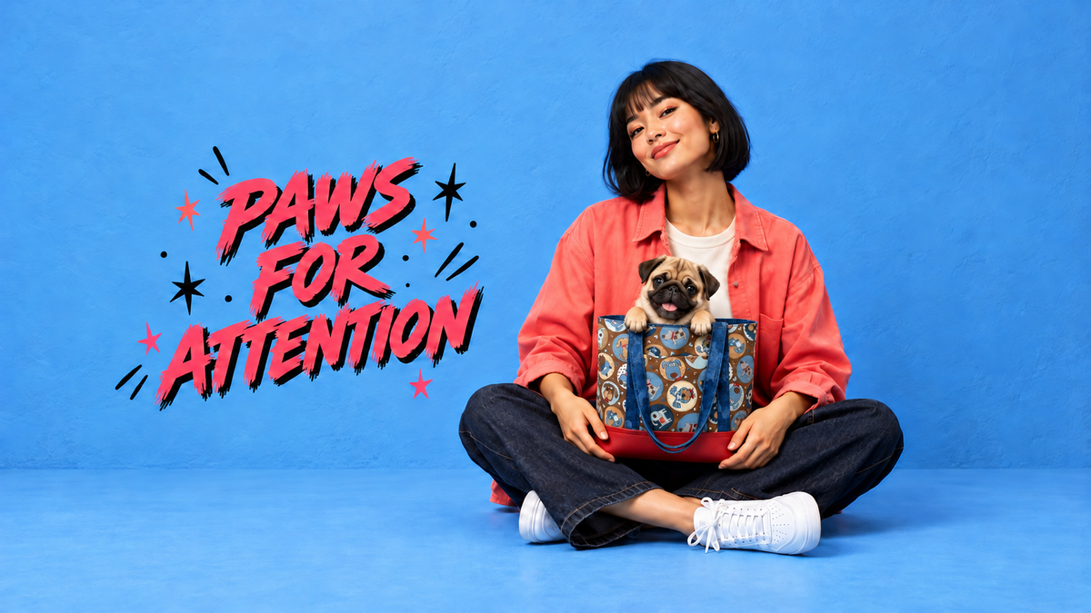 Paws for Attention model holding a retro cartoon dog tote with a fawn pug puppy