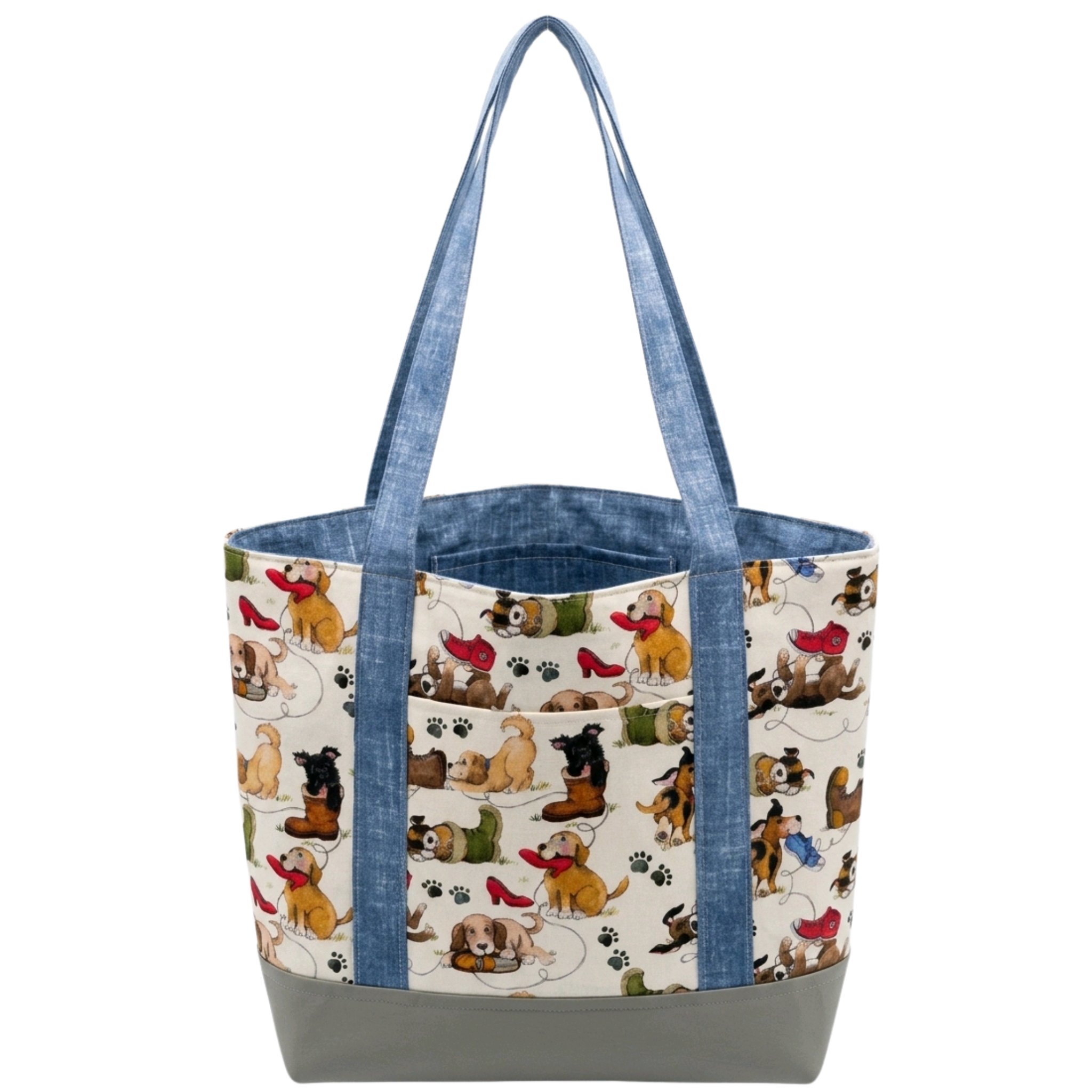 Handmade puppy print cotton tote bag with blue handles and gray base