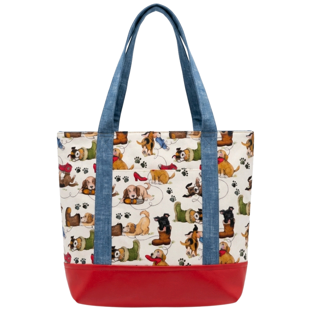 Handmade puppy print cotton tote bag with blue handles and red base