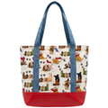 Handmade puppy print cotton tote bag with blue handles and red base