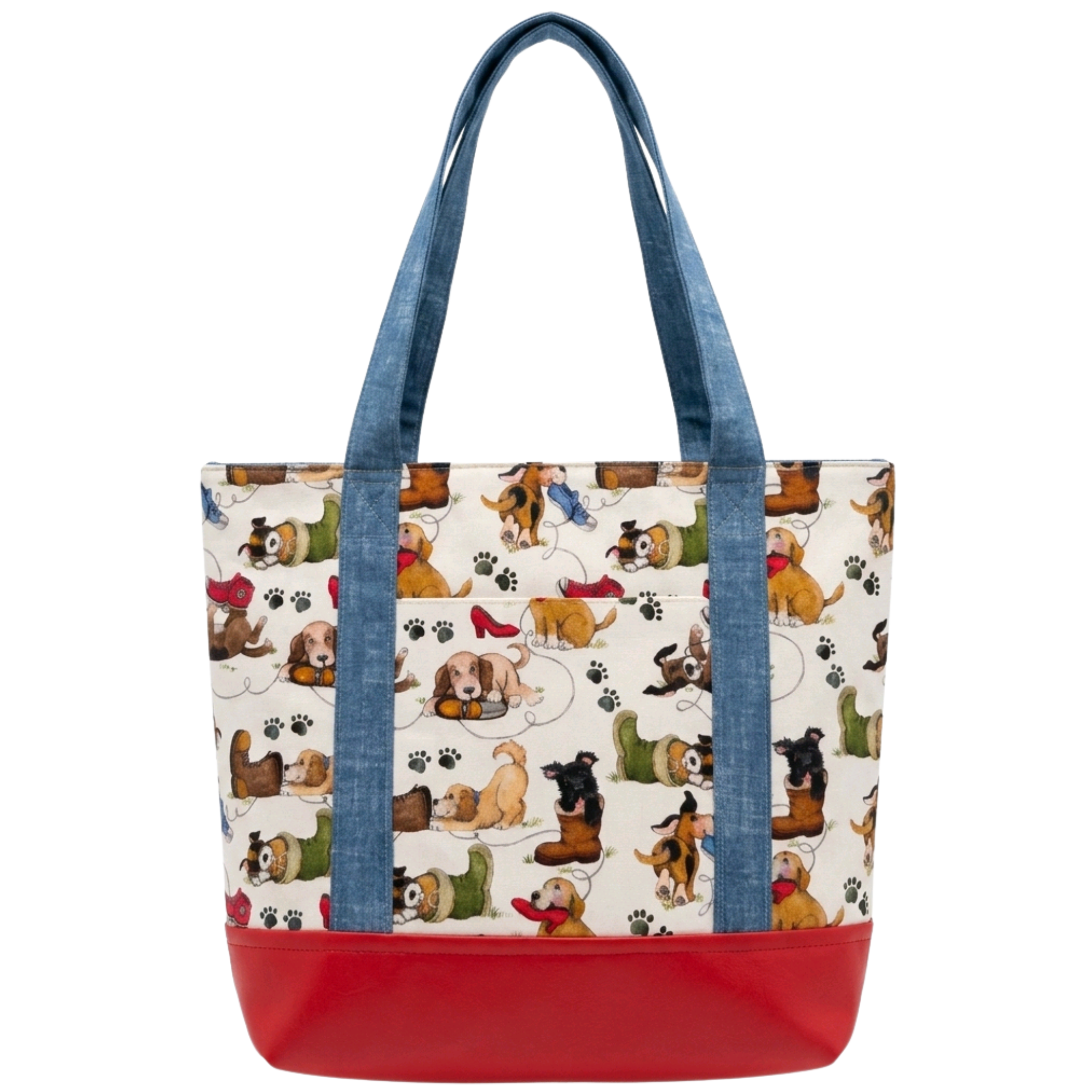 Handmade puppy print cotton tote bag with blue handles and red base