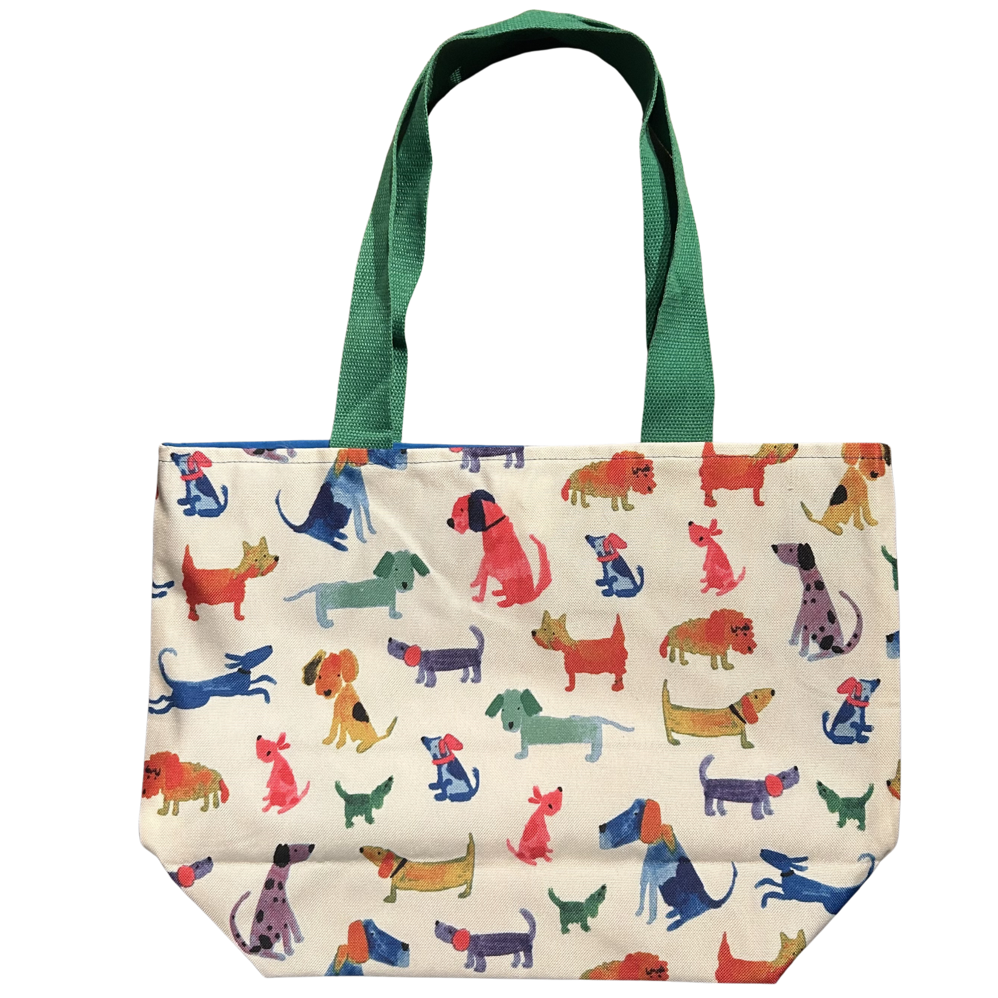 Handmade canvas tote bag featuring colorful watercolor dogs with forest green canvas handles.