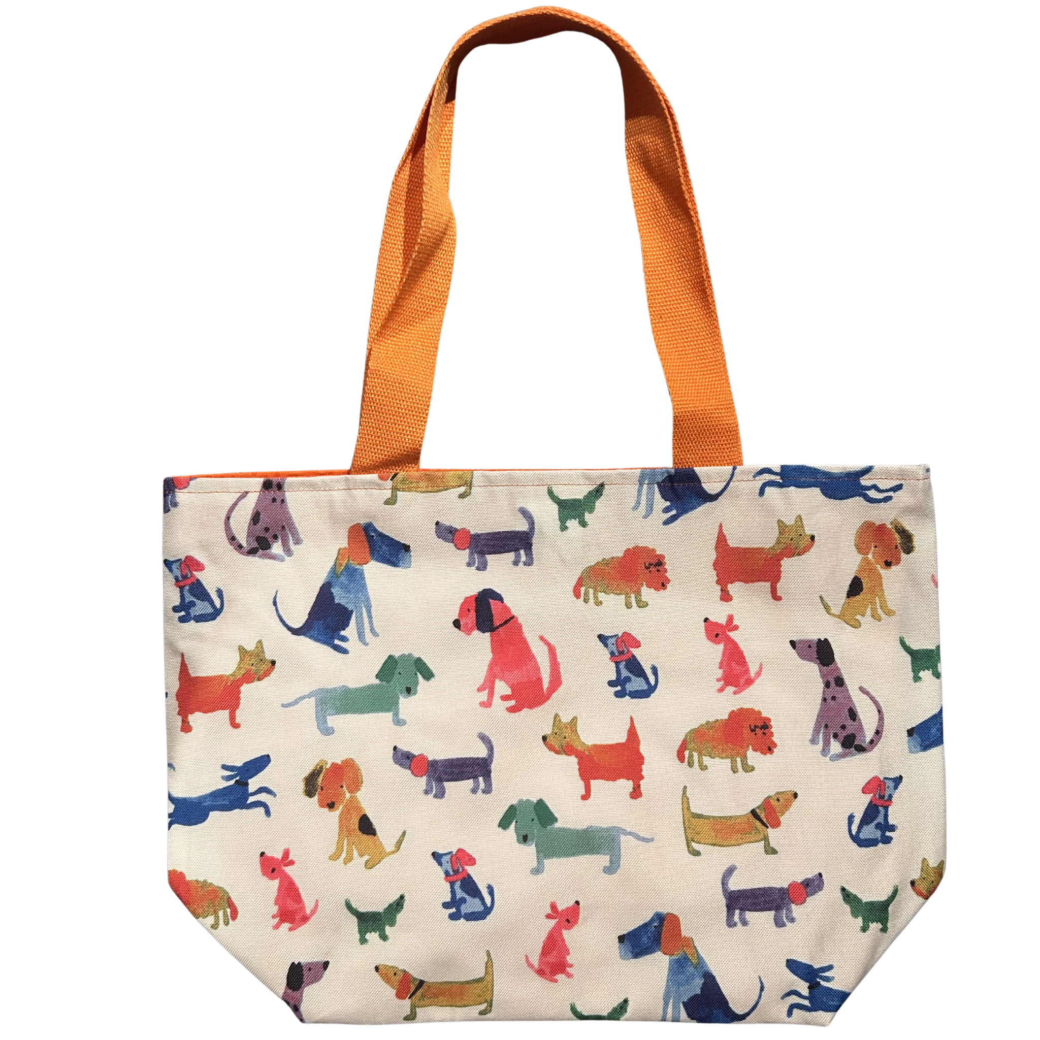 Handmade canvas tote bag featuring colorful watercolor dogs with bright orange canvas handles.