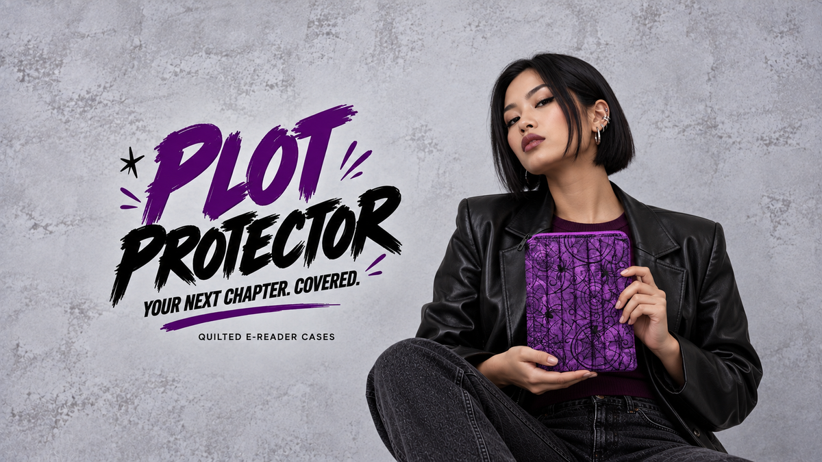 Plot Protector — model with purple spiderweb e-reader case