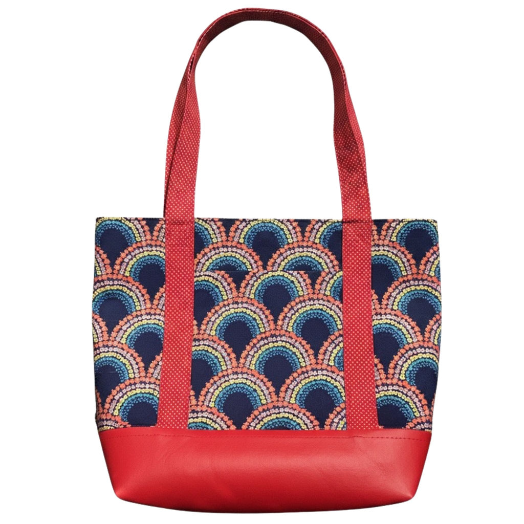Handmade rainbow scallop cotton tote bag with red dotted handles and red faux leather base