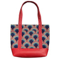 Handmade rainbow scallop cotton tote bag with red dotted handles and red faux leather base