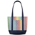 Handmade rainbow geometric cotton tote bag with navy handles and navy base