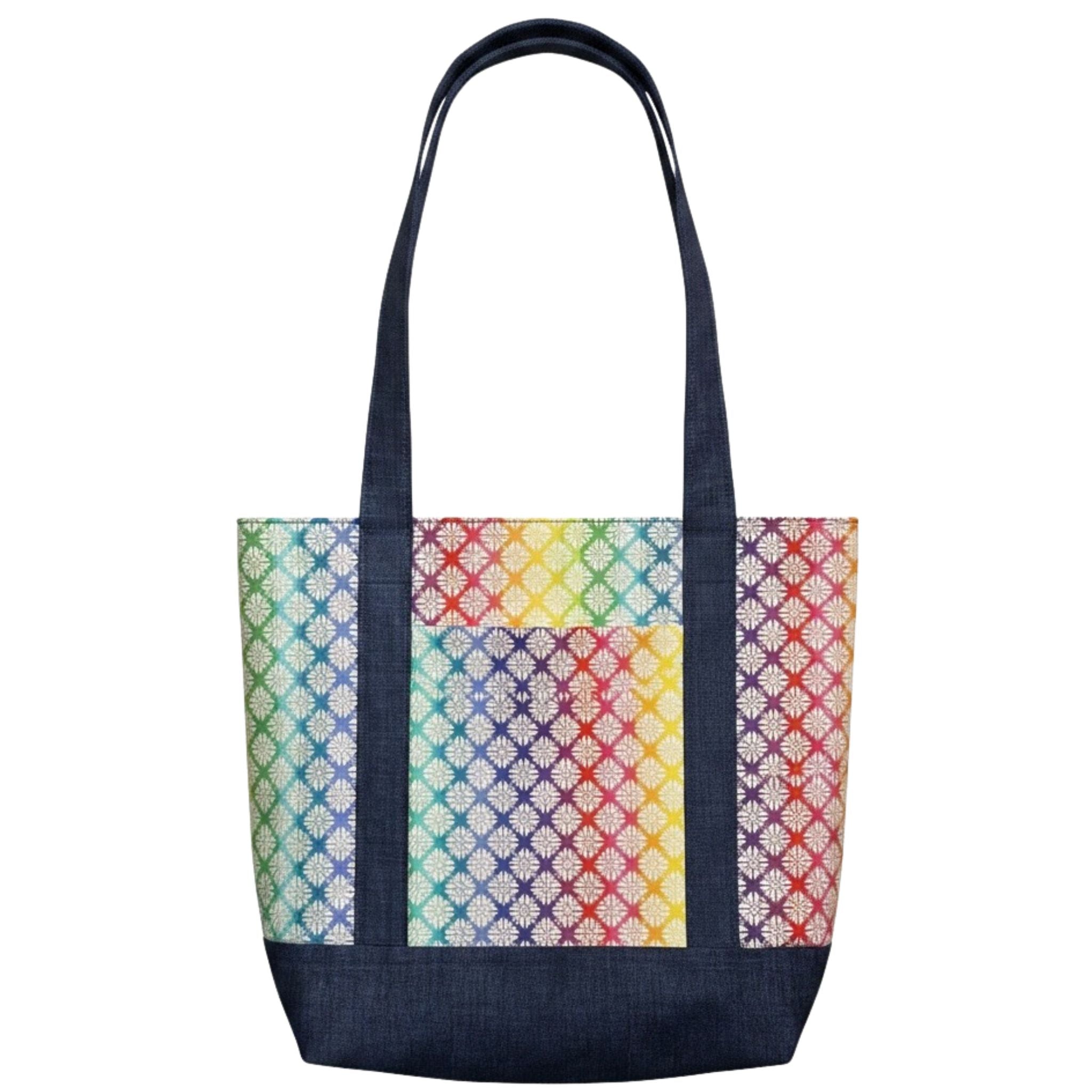 Handmade rainbow geometric cotton tote bag with navy handles and navy base