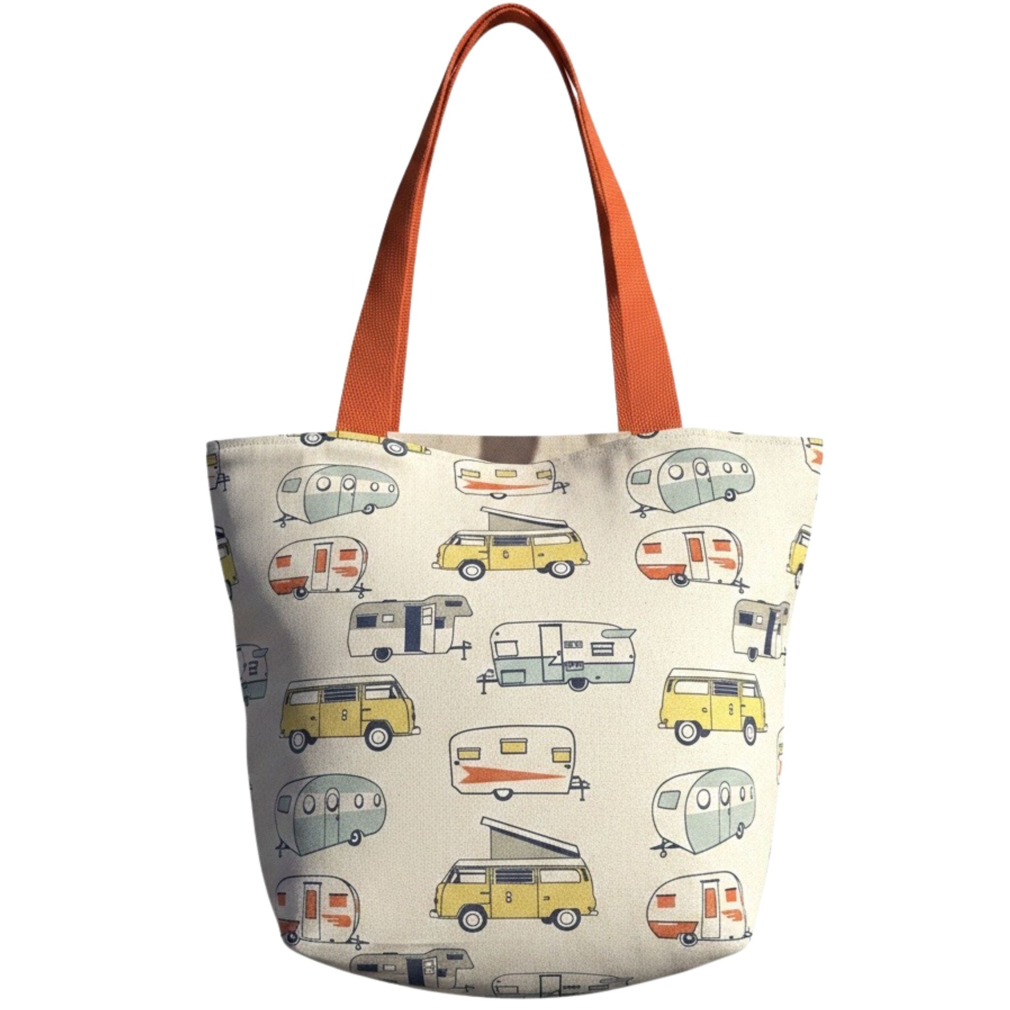 Oversized handmade canvas tote bag with retro camper print and burnt orange shoulder straps