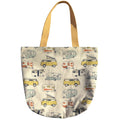 Oversized handmade canvas tote bag with retro camper print and mustard yellow shoulder straps