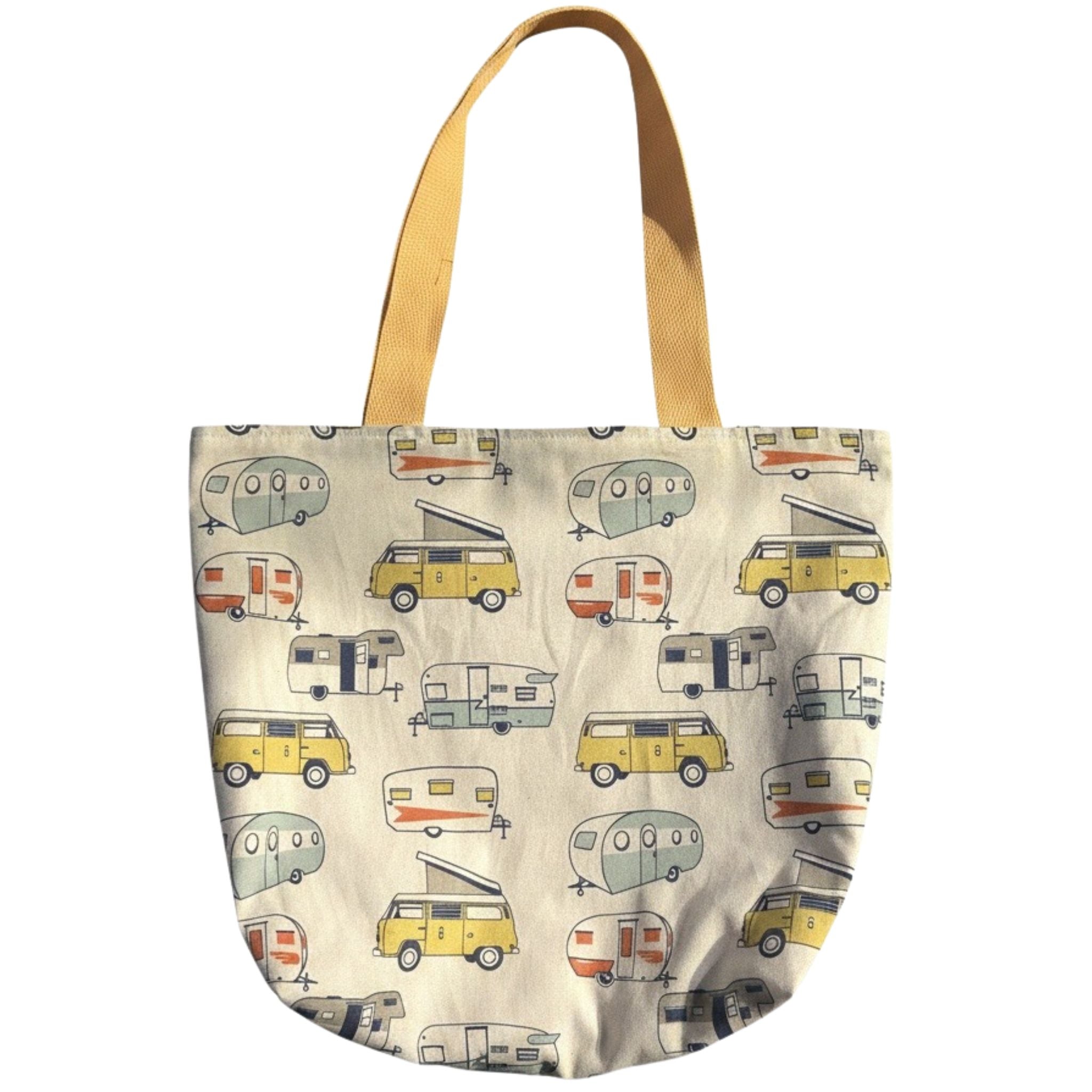Oversized handmade canvas tote bag with retro camper print and mustard yellow shoulder straps