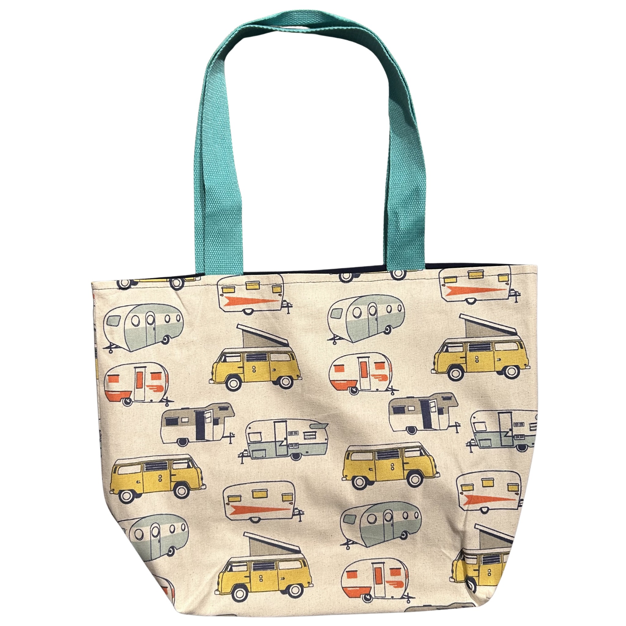 Handmade canvas tote bag featuring vintage campers and camper vans with seafoam canvas handles.