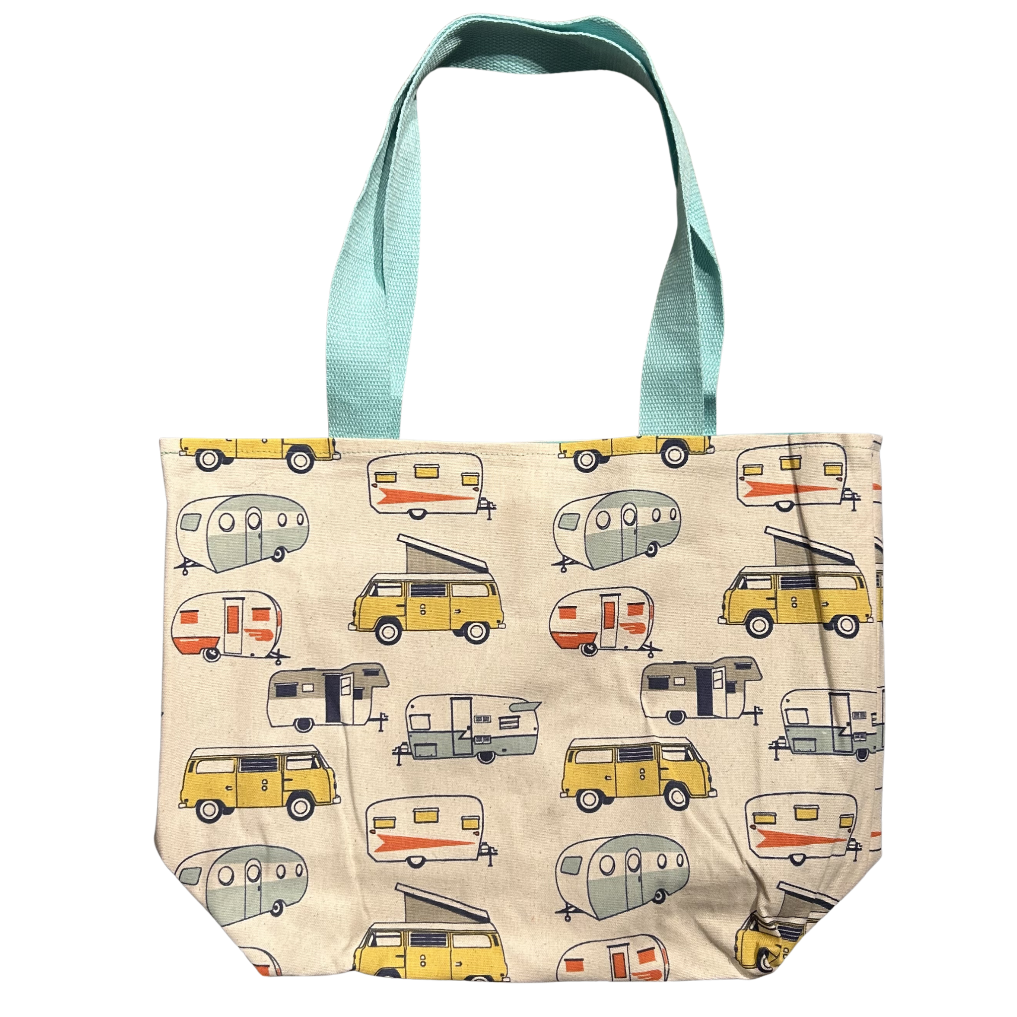 Handmade canvas tote bag featuring retro campers and camper vans with light blue canvas handles.