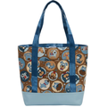 Handmade retro cartoon dog cotton tote bag with blue handles and powder blue base