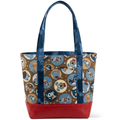 Handmade retro cartoon dog cotton tote bag with blue handles and red base